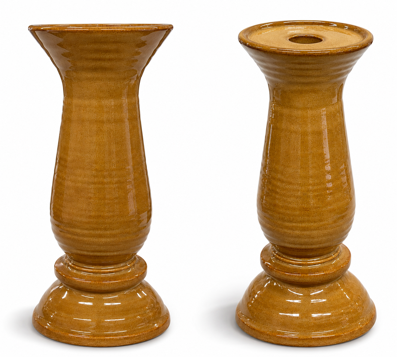 Vintage Ceramic Pillar & Taper Candle Holder – Caramel Reactive Glaze Pedestal Candle Stand, 10" Tall