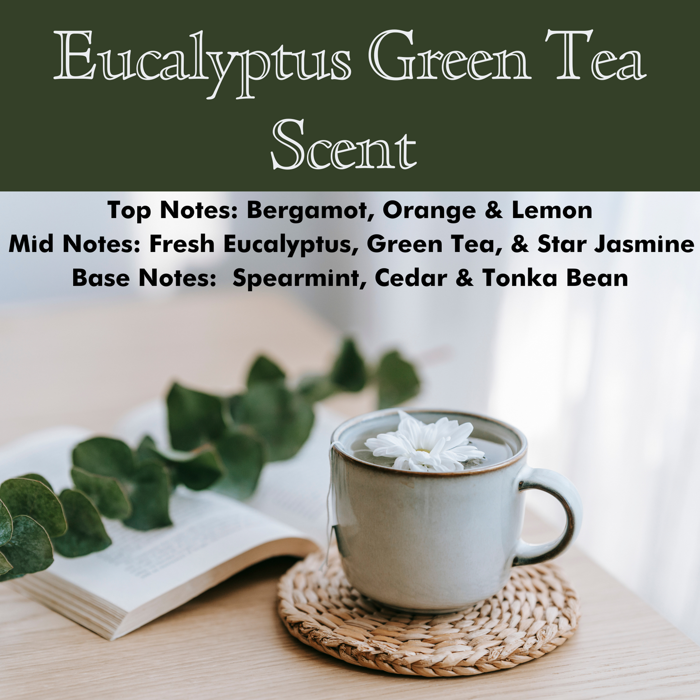 EUCALYPTUS GREEN TEA SCENTED - Pure Beeswax Melts for Warmers (1-PACK)