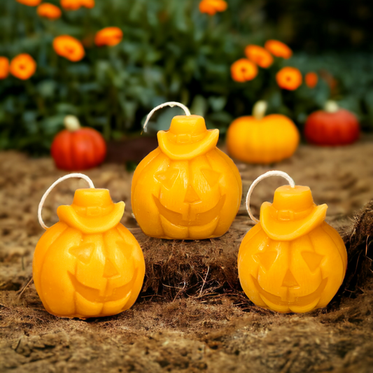 Jack O Lantern Pumpkin Pure Beeswax Candle - Set of 3