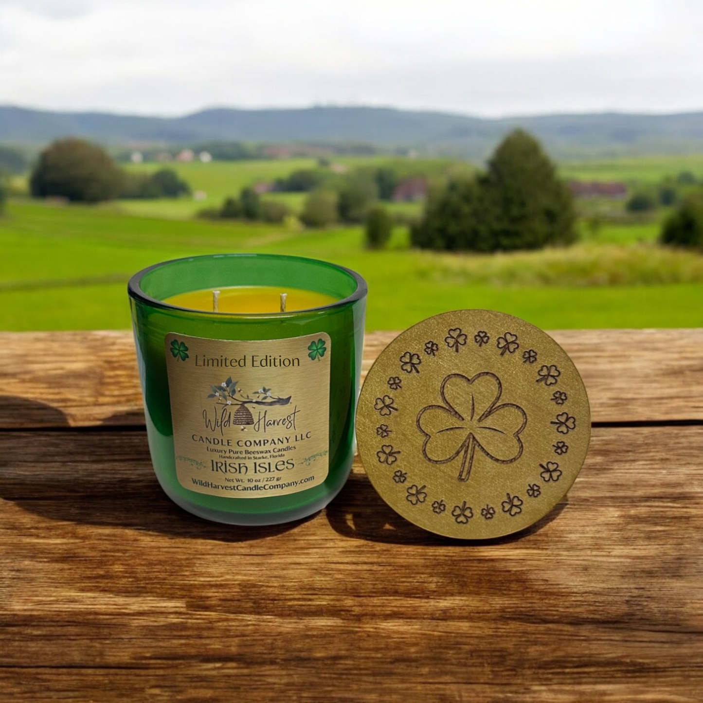 Irish Isles – 10 oz Pure Beeswax Candle | Emerald Green Luxury Double Wick | Petrichor, Moss & Driftwood
