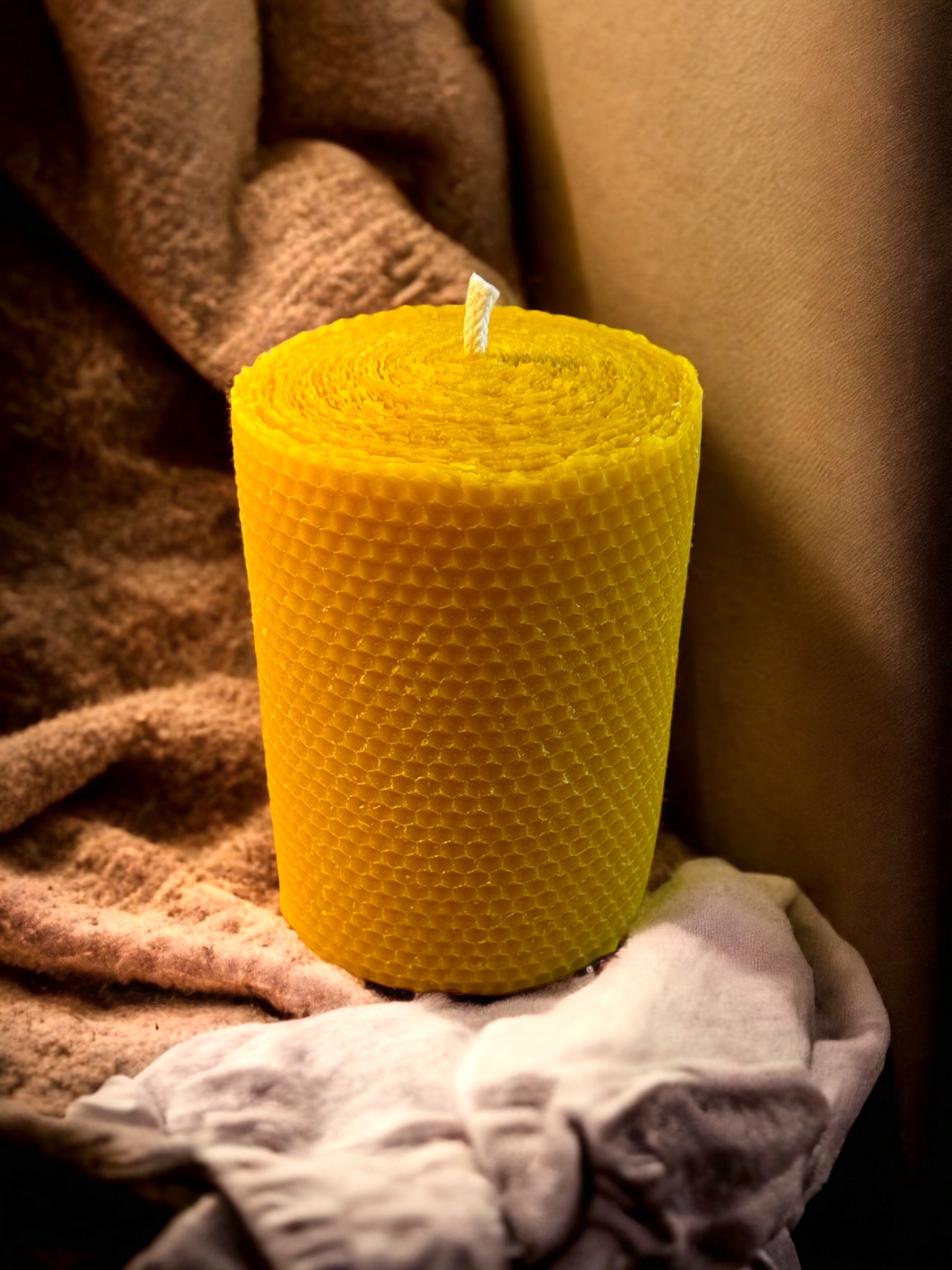 Large 4 inch wide Rolled Honeycomb Design Pure Beeswax Candle