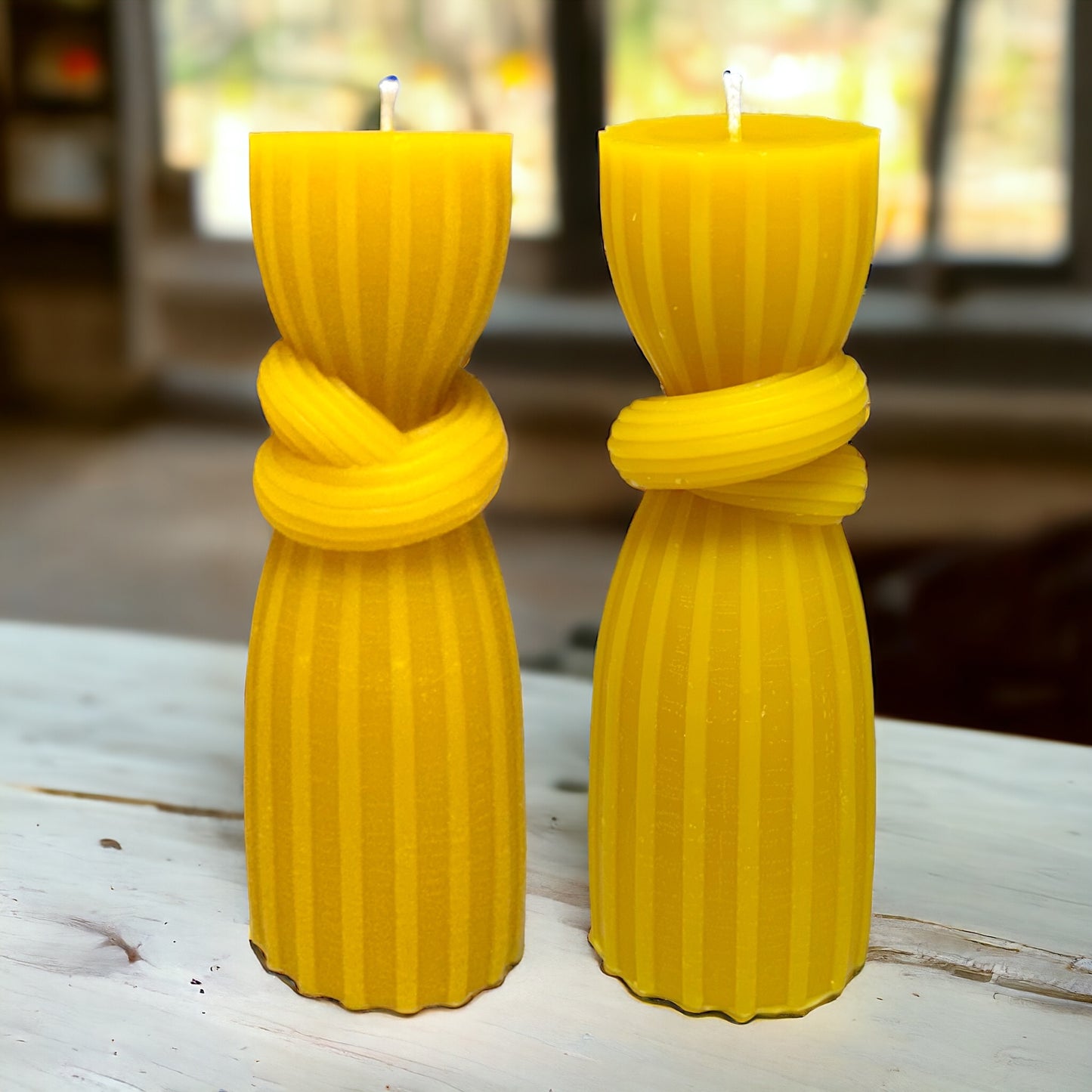 Geometric Striped Knot Pillar - Pure Beeswax Candle - Set of 2