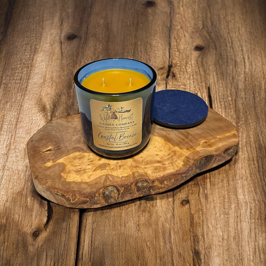 Coastal Breeze Luxury Beeswax Candle – 10 oz Blue Serafina Glass Jar with Blue Wood Lid | Double Hemp Wicks, Clean Burning Ocean-Inspired Scent