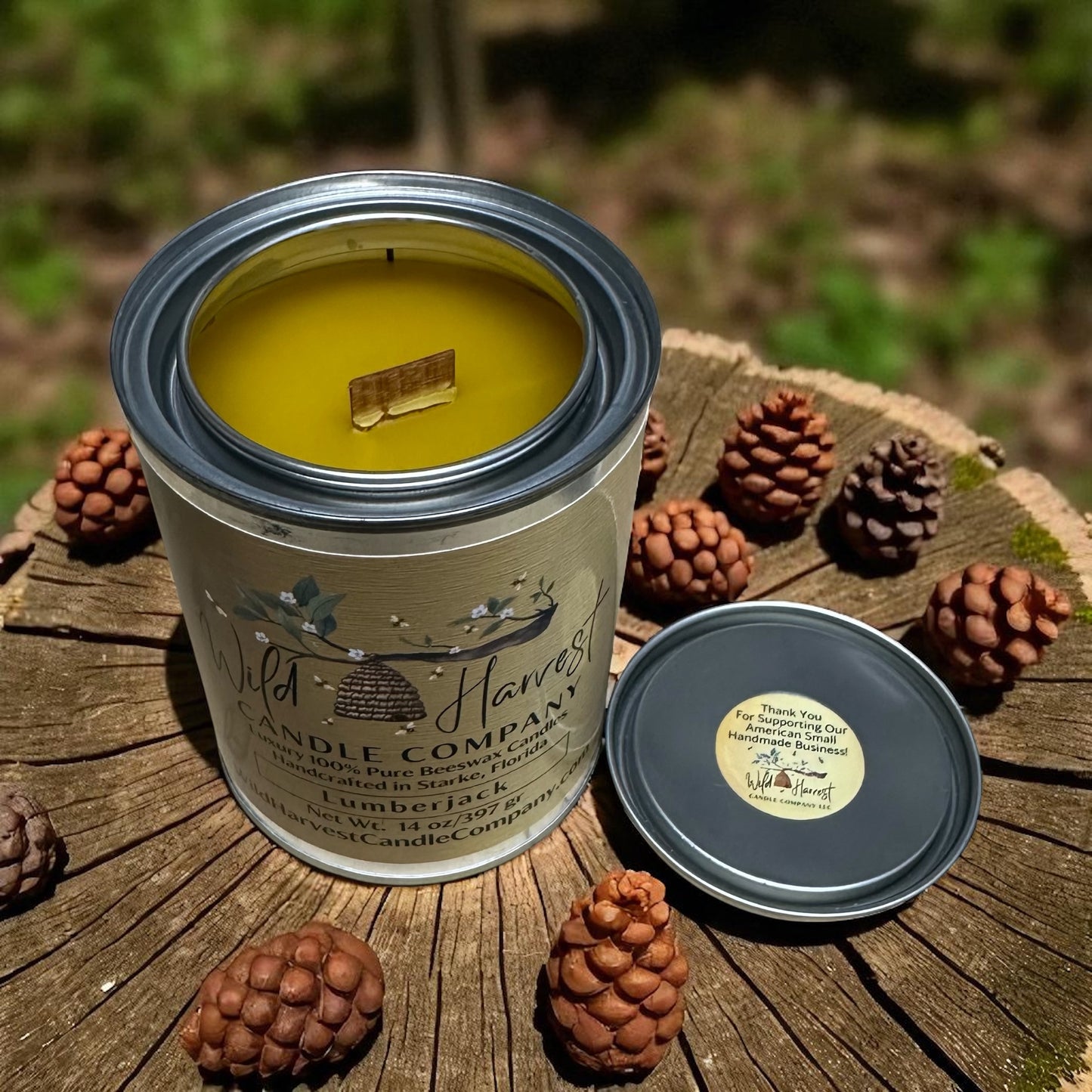 Lumberjack Scented – Pure Beeswax Candle with Crackling Wood Wick (14 oz Paint Can Vessel) Limited Edition