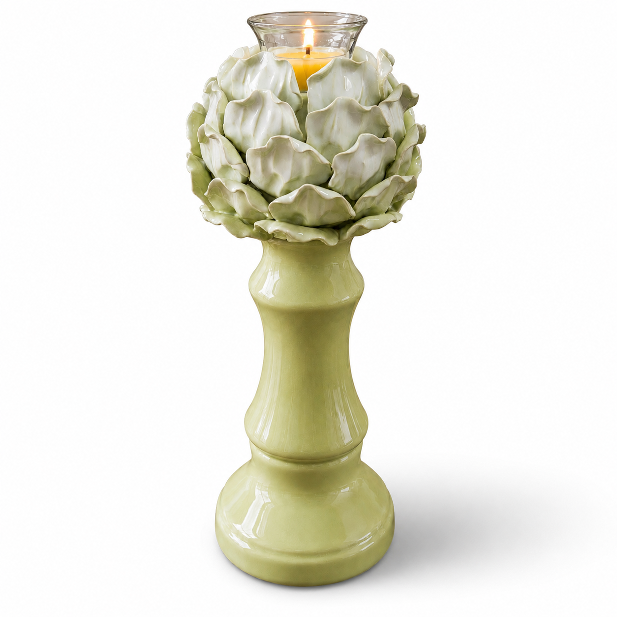 Artichoke Flower Ceramic Candle Holder with 6 Pure Beeswax Tealight Candles | Celadon Green Botanical Pedestal Décor