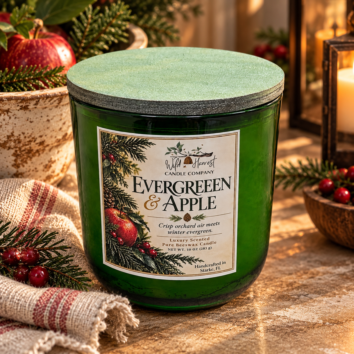 Evergreen & Apple Luxury Beeswax Candle | Crisp Apple, Fir & Balsam | 10 oz