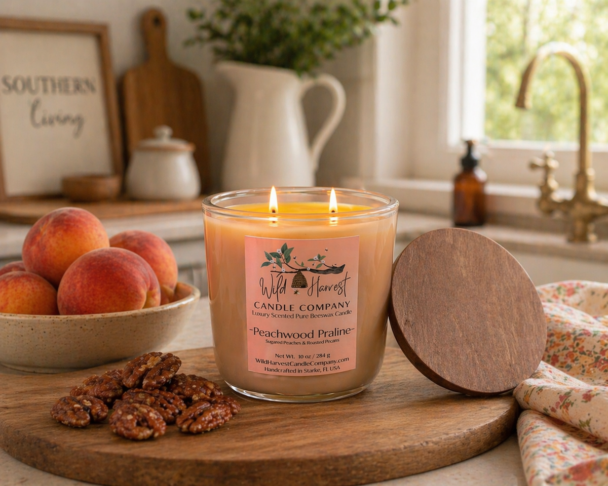 Peachwood Praline Scented Pure Beeswax Candle by Wild Harvest Candle Company.