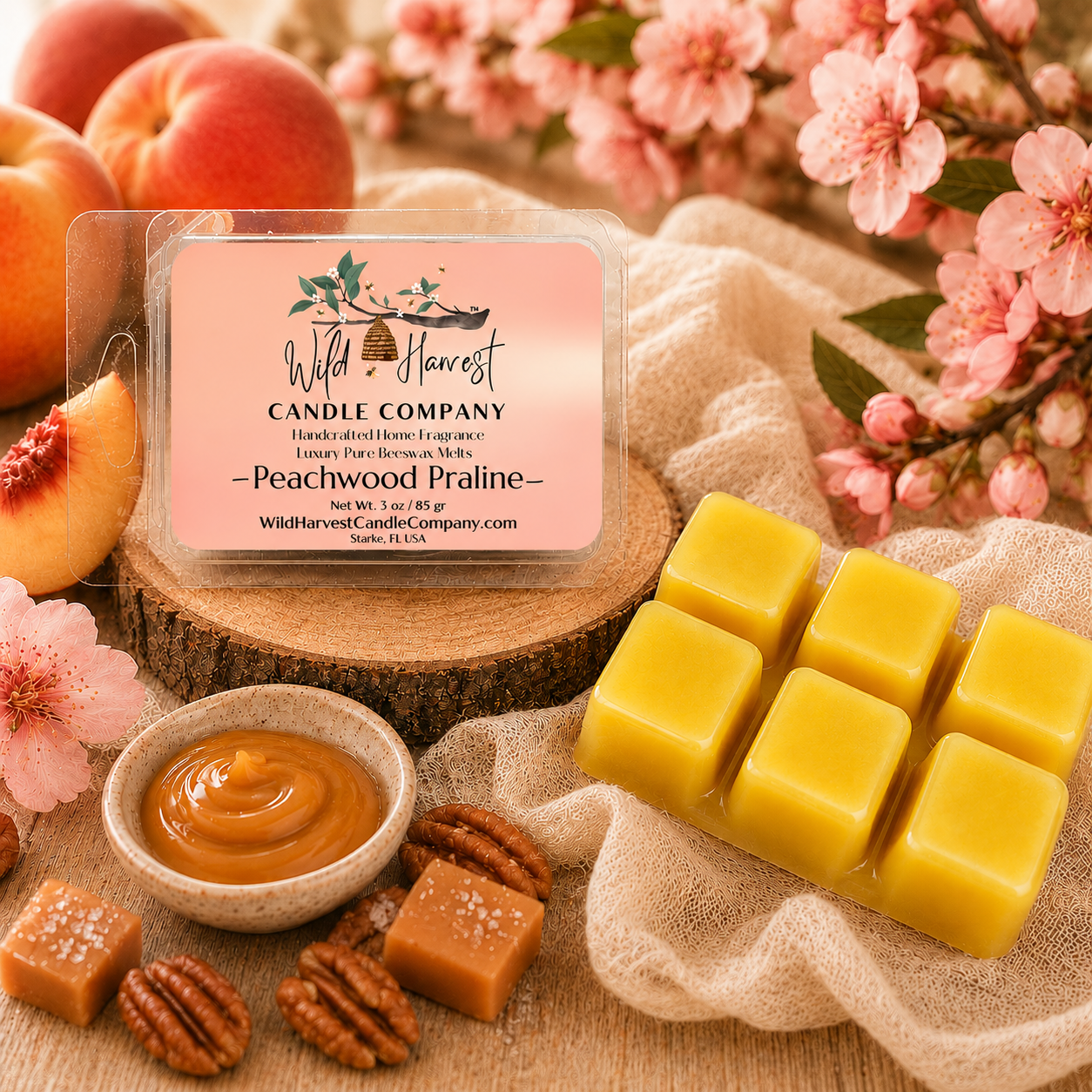 Peachwood Praline Scented Pure Beeswax Candle – Sugared Peach & Roasted Pecan | 10 oz Luxury Candle in Peach Color Glass
