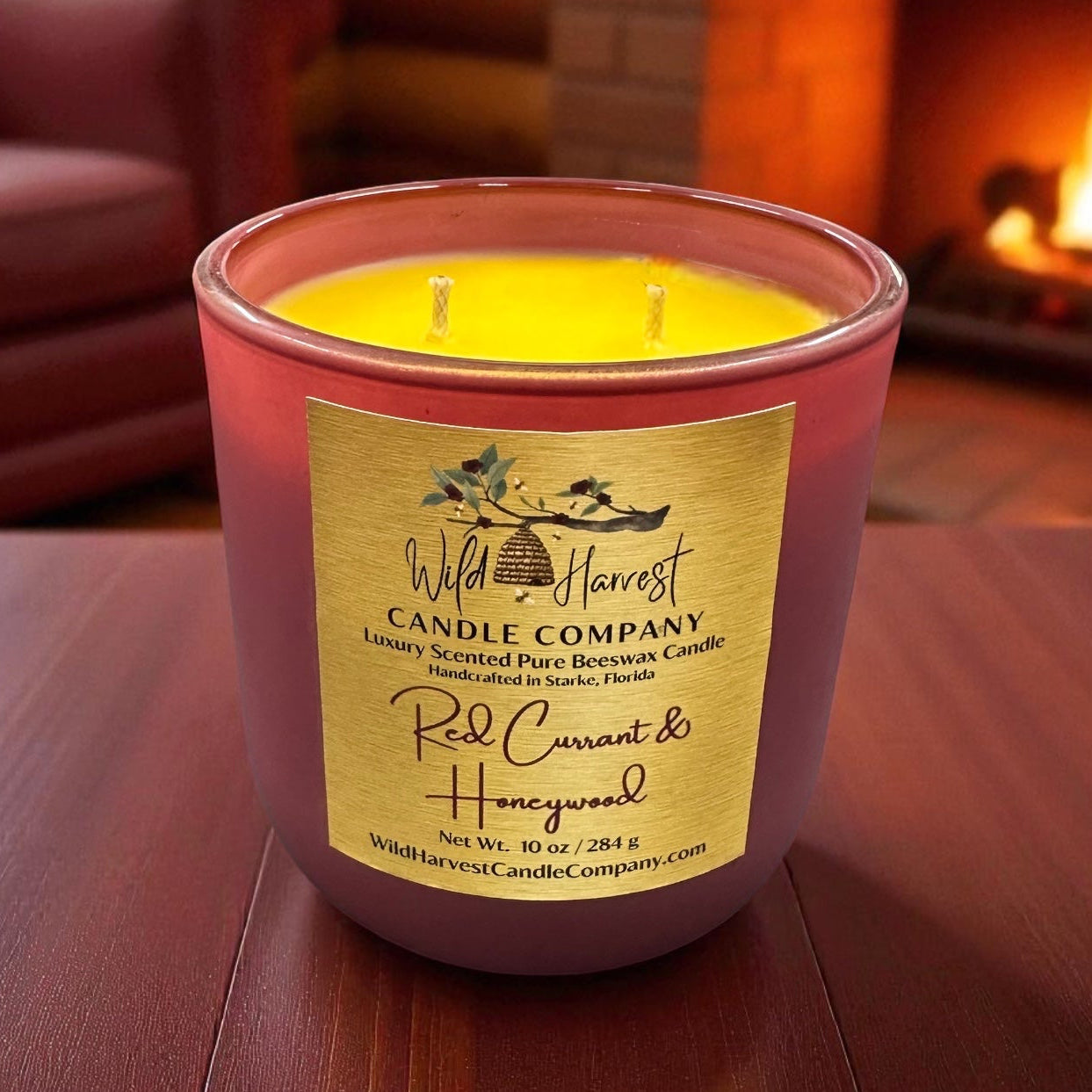 Red Currant & Honeywood – 10 oz Scented Pure Beeswax Candle in Crimson Glass Vessel | Luxury Scented Candle with Red Currant, Honey, Coconut, Saffron, Vanilla & Sandalwood