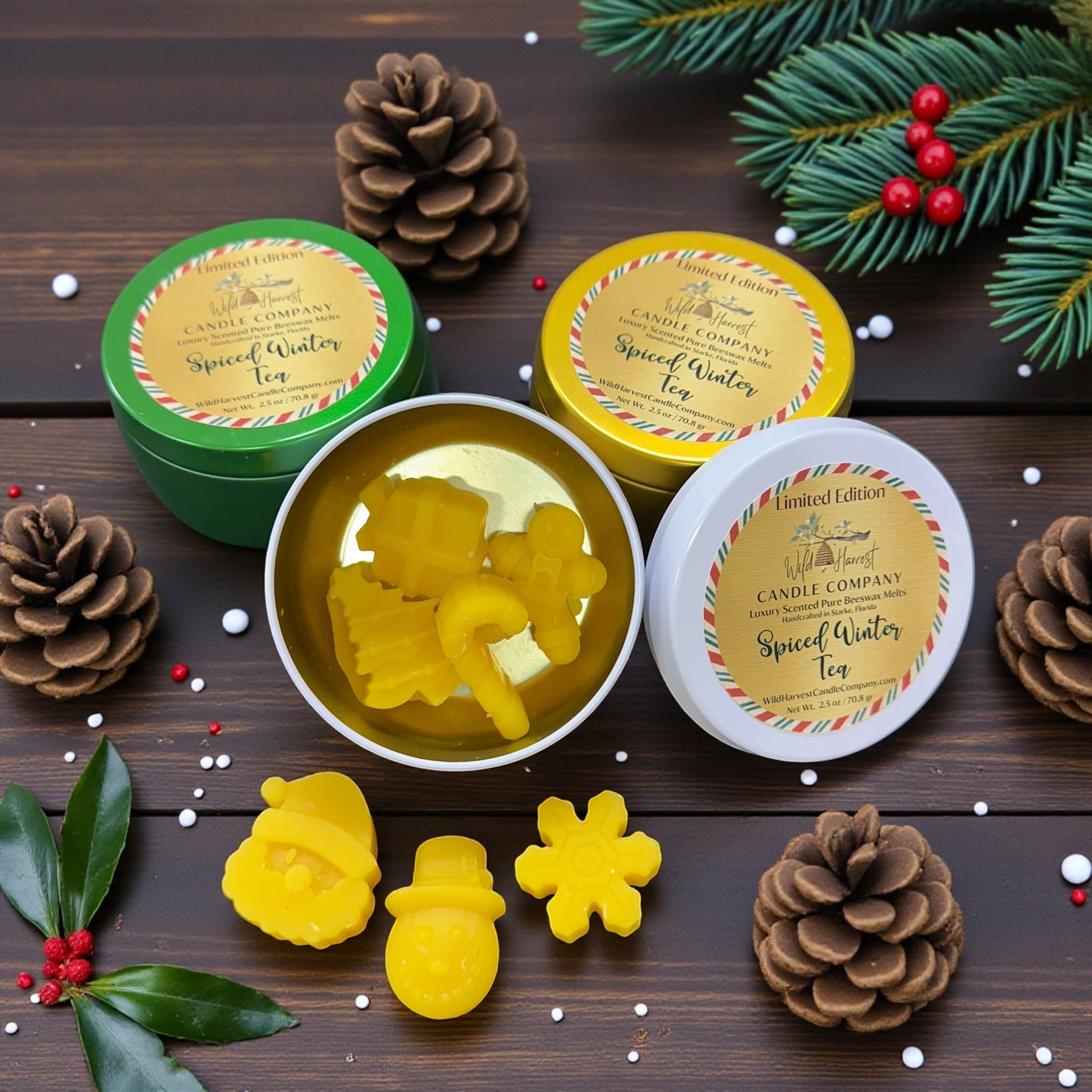 Christmas Holiday Beeswax Wax Melts in Festive Shapes – Spiced Winter Tea Scent in Gift Tin
