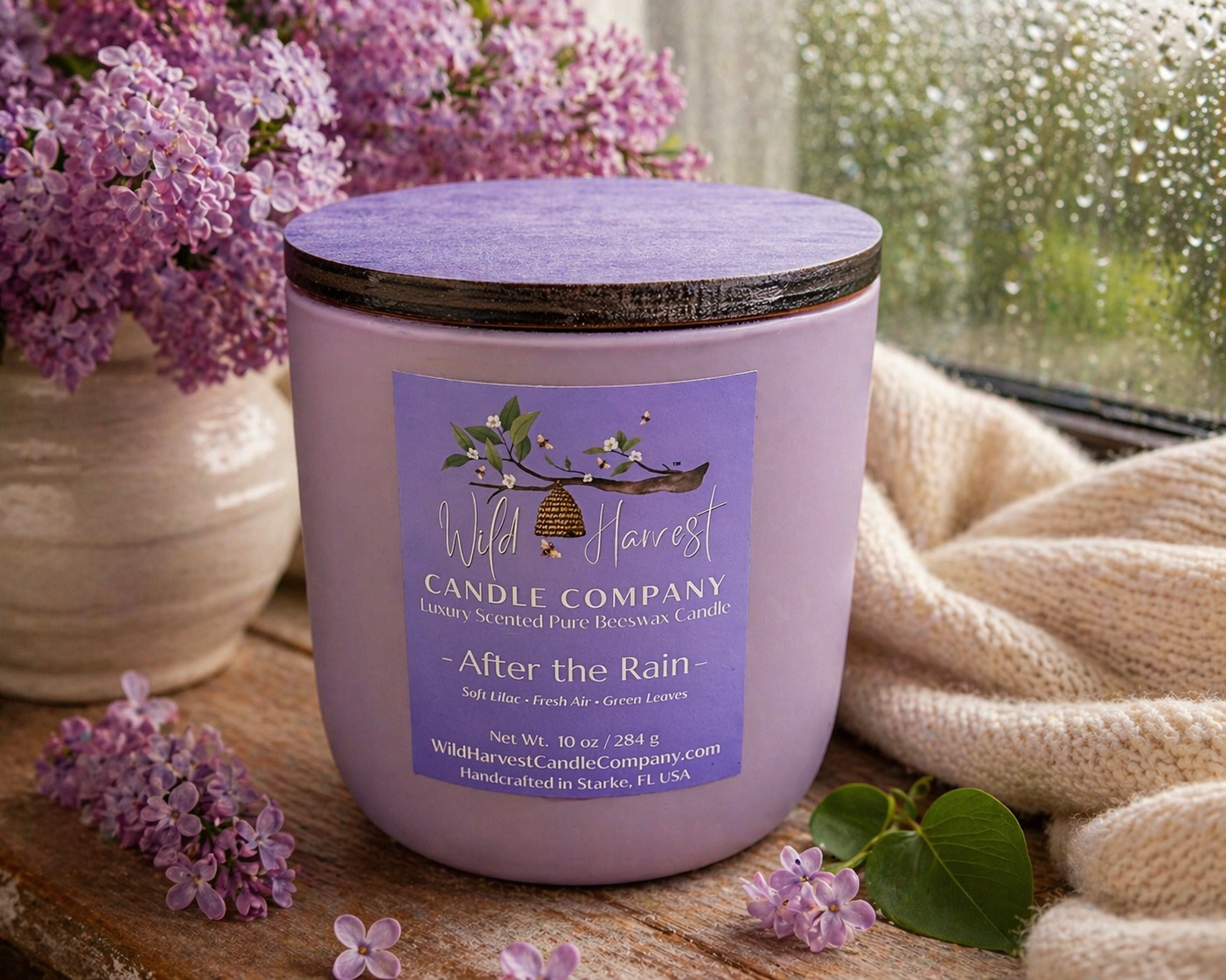 Purple candle from Wild Harvest Candle Company with a label, surrounded by purple flowers and a blanket.