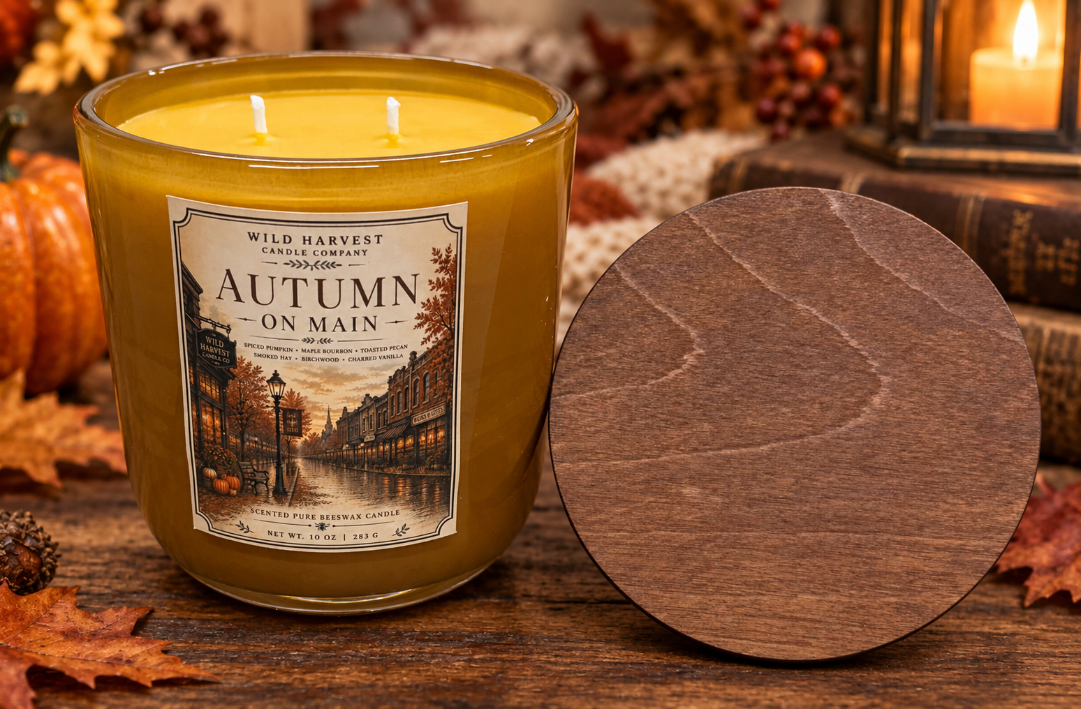 A lit candle in a clear glass jar with a warm yellow-orange wax and a front label reading 'Wild Harvest Candle Company' and 'Autumn on Main,' shown beside a round wooden lid on a rustic wooden surface with fall leaves and books in the background.