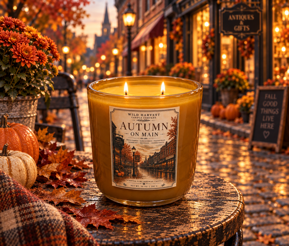 A large lit candle in a clear glass jar sits on a round table outdoors, surrounded by autumn leaves, pumpkins, flowers, and a blurred street scene in the background. The front label reads 'Autumn on Main' and the brand 'Wild Harvest Candle Co.