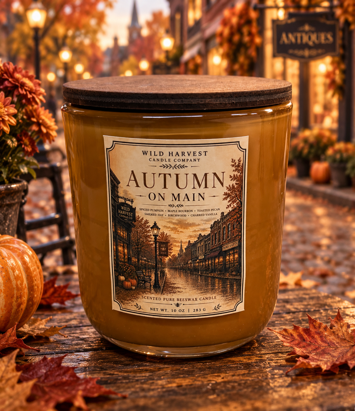 A large scented candle in a clear glass jar with a dark wood lid sits on a rustic wooden table surrounded by autumn leaves, pumpkins, and warm fall streetlights. The front label reads 'WILD HARVEST CANDLE COMPANY' and 'AUTUMN ON MAIN'.