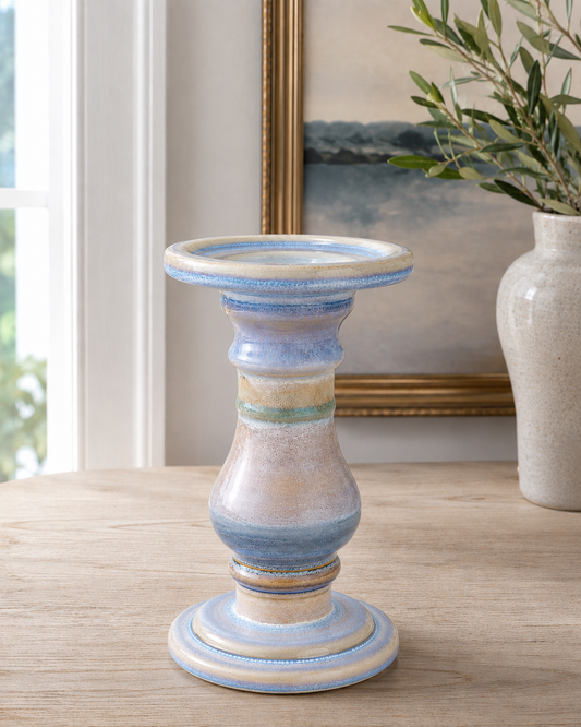 Vintage Studio Pottery Pillar Candle Holder | Blue Reactive Glaze Ceramic Pedestal | Coastal Cottage Decor
