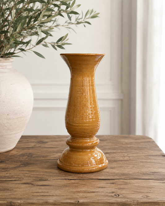 Vintage Ceramic Pillar & Taper Candle Holder – Caramel Reactive Glaze Pedestal Candle Stand, 10" Tall