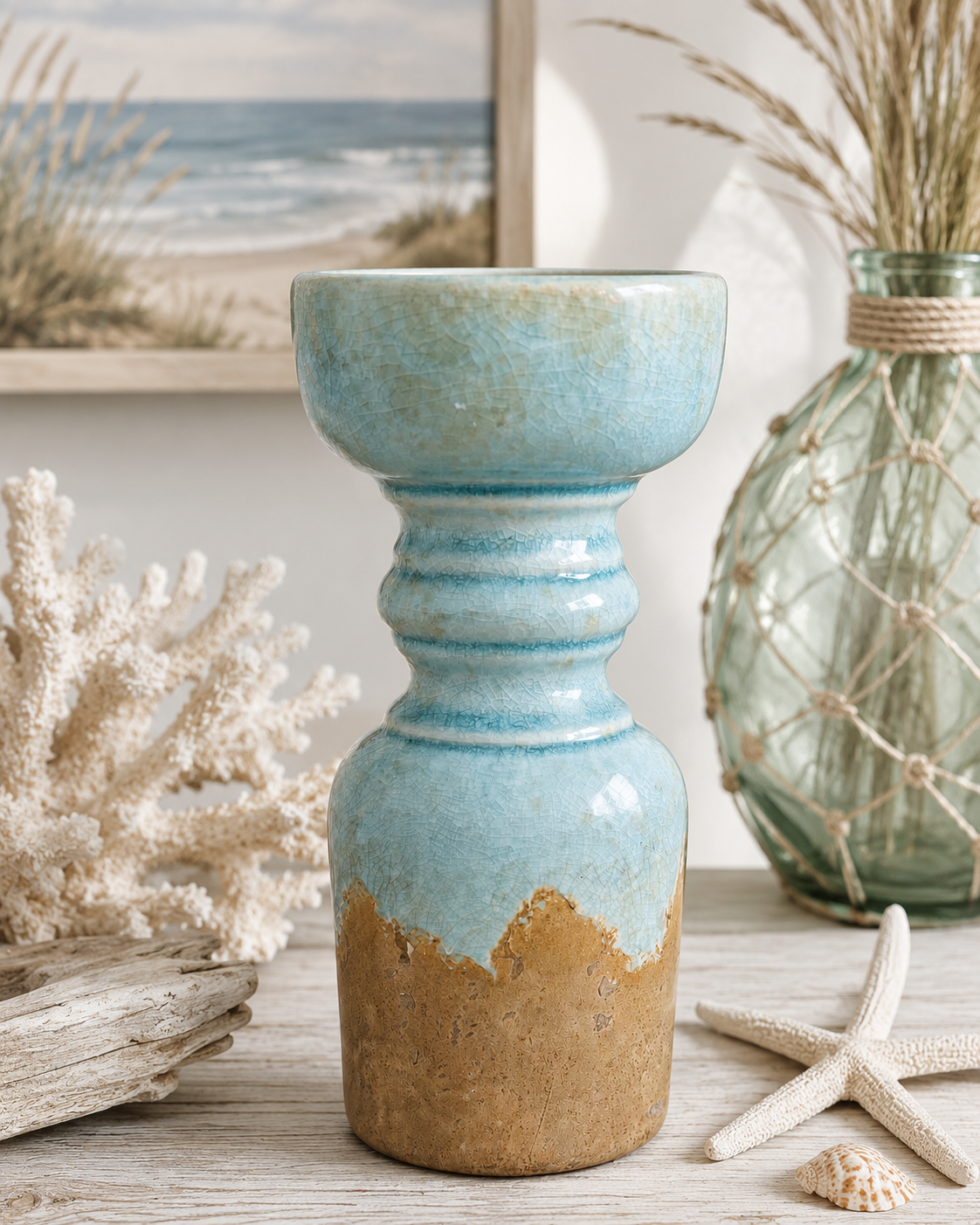 Artisan Coastal Crackle Glaze Ceramic Pillar Candle Holder | Seafoam Blue Stoneware Decor
