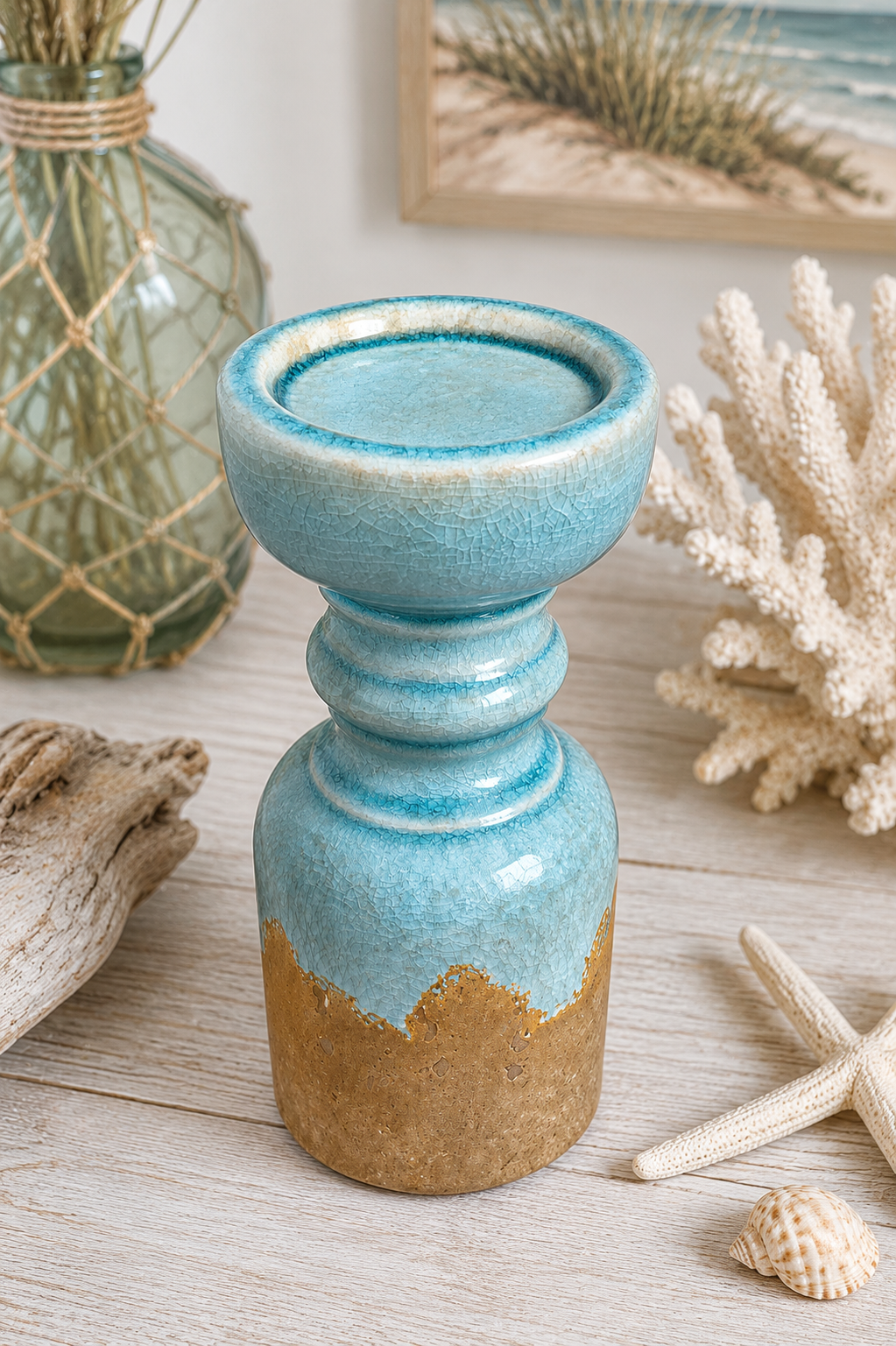 Artisan Coastal Crackle Glaze Ceramic Pillar Candle Holder | Seafoam Blue Stoneware Decor