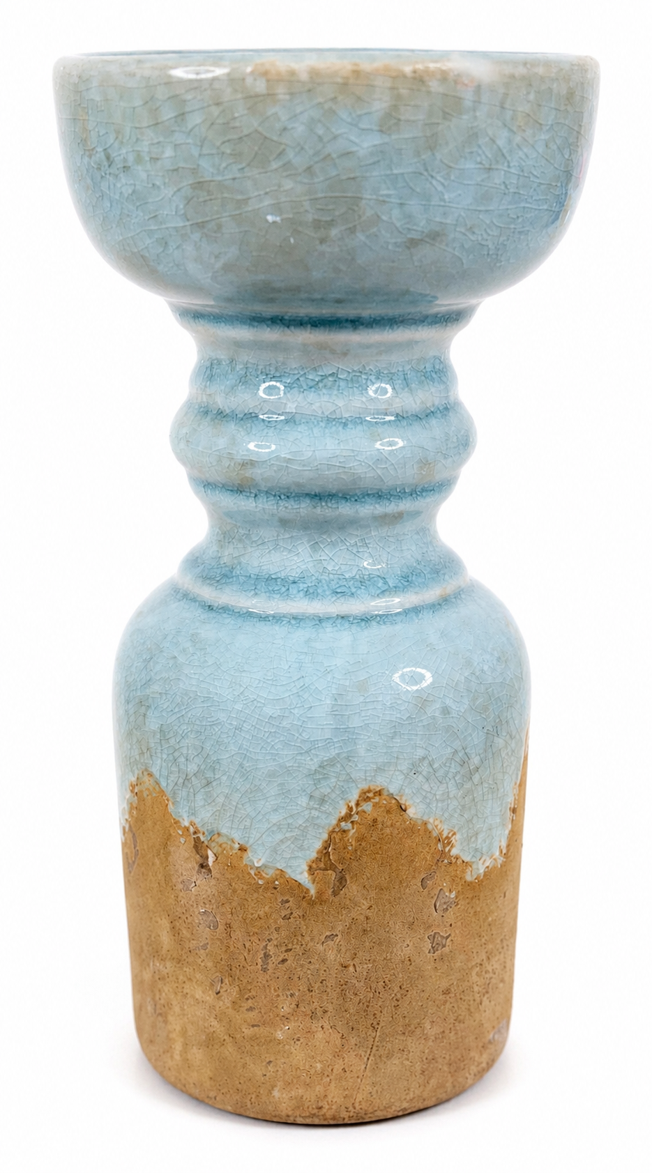 Artisan Coastal Crackle Glaze Ceramic Pillar Candle Holder | Seafoam Blue Stoneware Decor