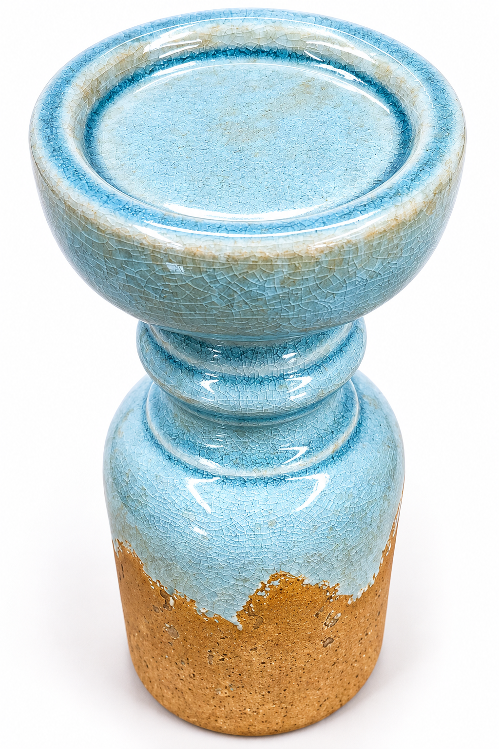 Artisan Coastal Crackle Glaze Ceramic Pillar Candle Holder | Seafoam Blue Stoneware Decor