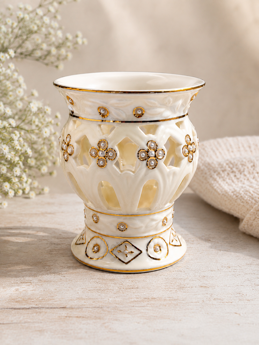 Formalities by Baum Bros. Ivory & Pearl Votive and Tealight Candle Holder with Pure Beeswax Tea Light Candles Bundle