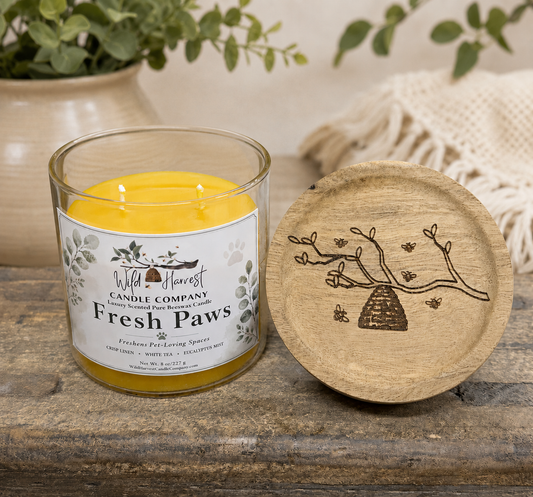 Fresh Paws | Luxury Beeswax Candle That Freshens Pet-Loving Spaces | Crisp Linen, White Tea & Eucalyptus Mist