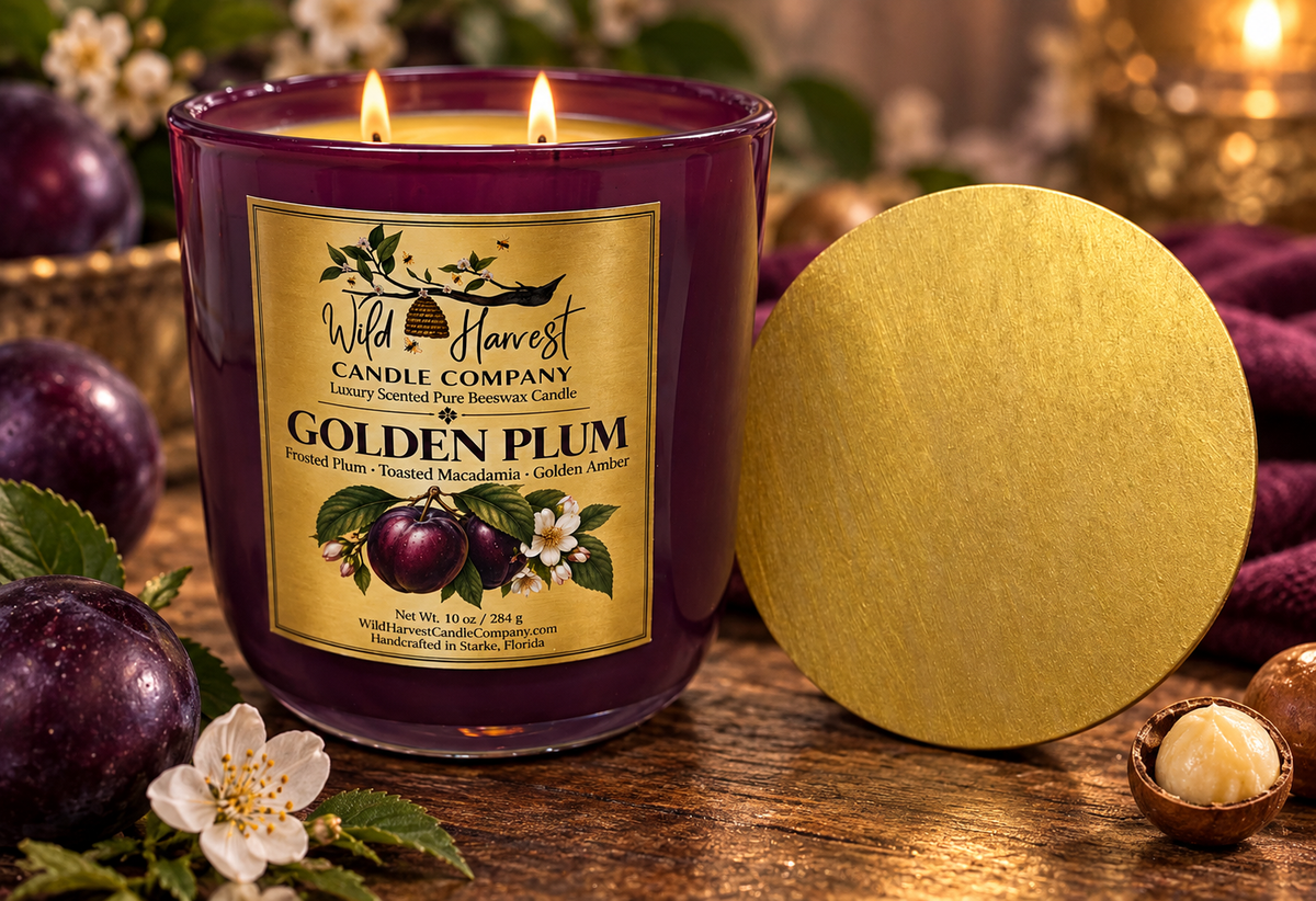 A lit candle in a deep purple glass jar with a gold label reading Wild Harvest Candle Company Golden Plum, shown on a rustic wooden surface with plums, a white blossom, and a round gold lid beside it.