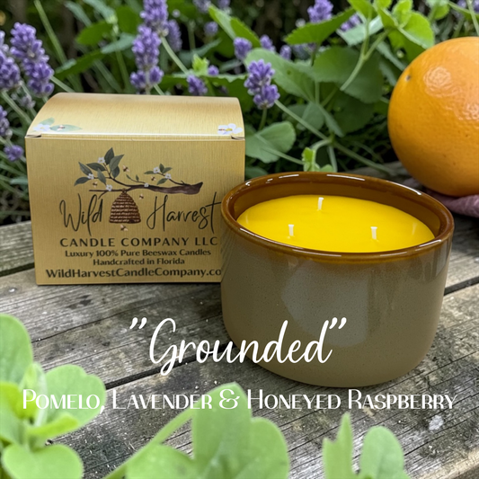 Grounded- Scented Pure Beeswax Candle – Pomelo, Lavender & Honeyed Raspberry | 11 oz Triple Wick Ceramic Candle