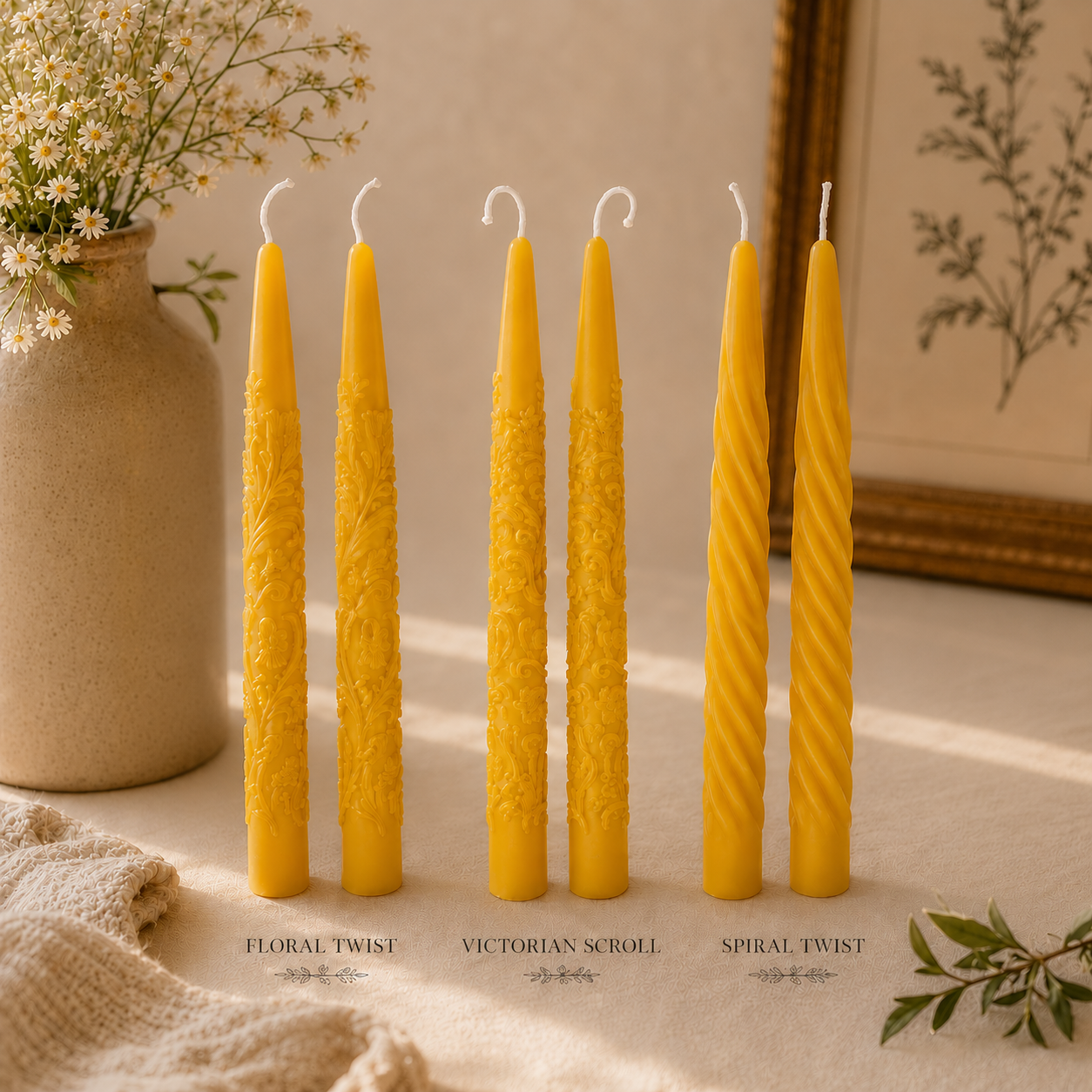 The Heirloom Taper Collection | Handcrafted Pure Beeswax Taper Candles | Decorative 8" Tapers | Set of 2 or Full Collection