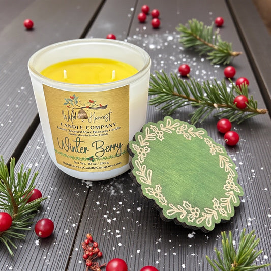 Winter Berry – 10 oz Scented Pure Beeswax Holiday Candle | Sparkling Orange, Evergreen, Pine & Amber in Matte White Glass with Festive Green Holly Lid