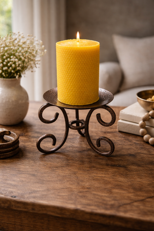 Handcrafted Beeswax Pillar Candle with Hammered Copper Metal Pedestal | Curated Boutique Home Decor Display