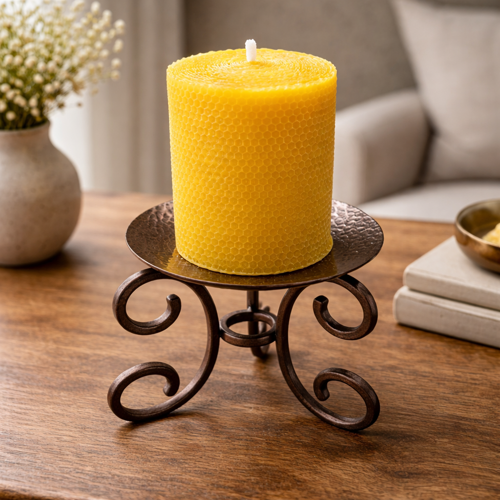 Handcrafted Beeswax Pillar Candle with Hammered Copper Metal Pedestal | Curated Boutique Home Decor Display