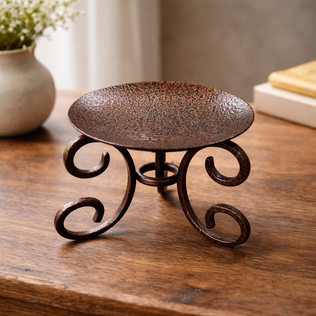 Handcrafted Beeswax Pillar Candle with Hammered Copper Metal Pedestal | Curated Boutique Home Decor Display