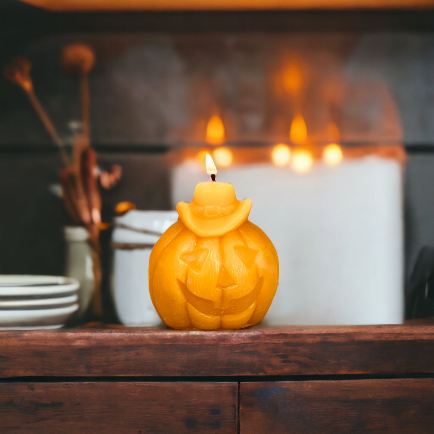 Jack O Lantern Pumpkin Pure Beeswax Candle - Set of 3