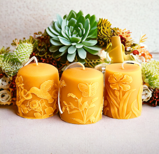 Set of 3 Embossed Beeswax Pillar Candles - Wildflower, Butterfly, Hummingbird