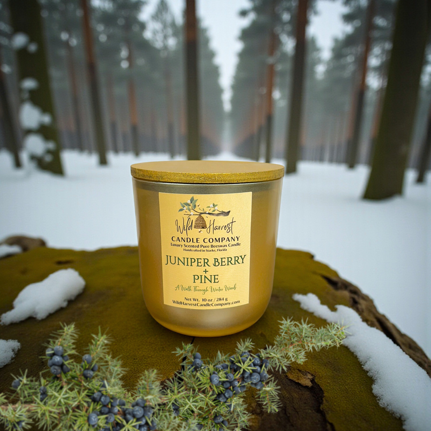 Juniper Berry & Pine – Limited Edition Holiday Beeswax Candle | Champagne Gold Vessel | 10 oz