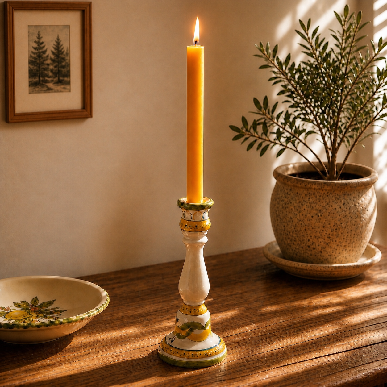 Vintage Portuguese Ceramic Candlestick (Jay Willfred, div. of Andrea by Sadek) with Pure Beeswax Taper Candles