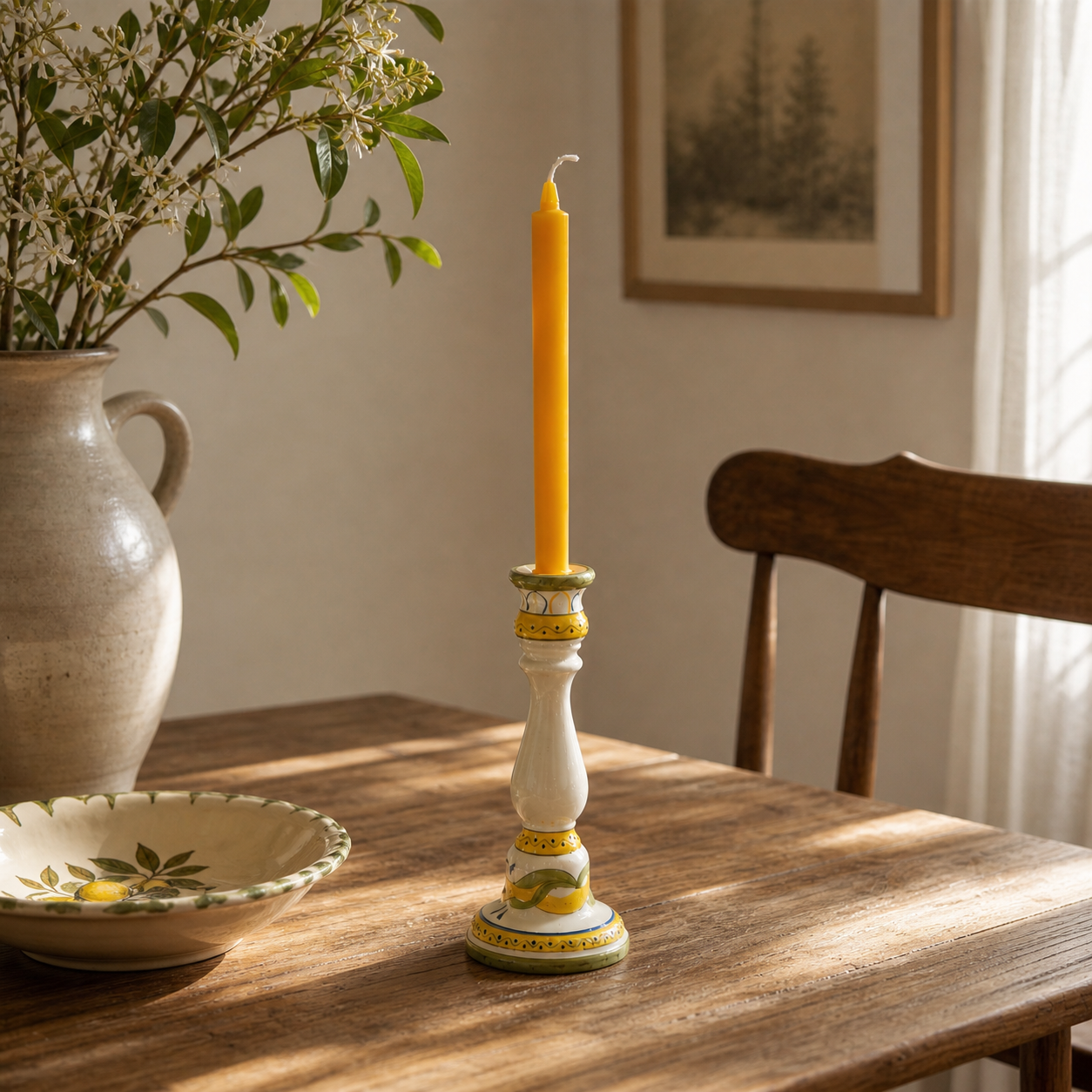 Vintage Portuguese Ceramic Candlestick (Jay Willfred, div. of Andrea by Sadek) with Pure Beeswax Taper Candles