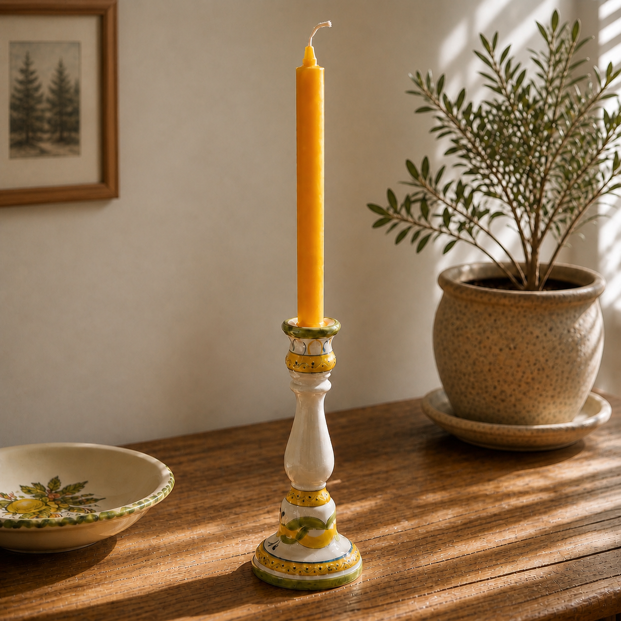 Vintage Portuguese Ceramic Candlestick (Jay Willfred, div. of Andrea by Sadek) with Pure Beeswax Taper Candles