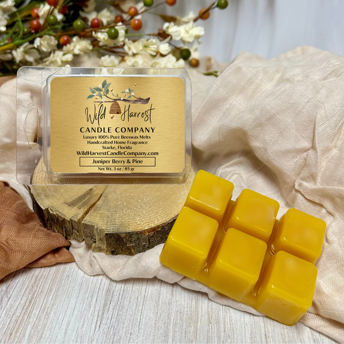 Juniper Berry & Pine Scented - Pure Beeswax Melts for Warmers, (1-PACK)