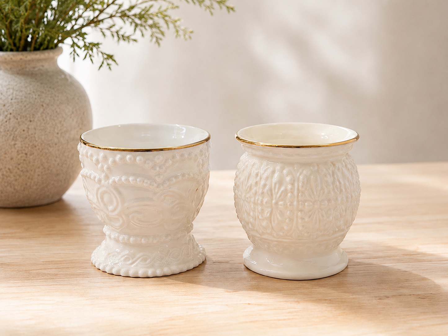 Vintage Lenox Ivory Porcelain Votive & Tealight Holder Set with Pure Beeswax Tealight Candle Bundle