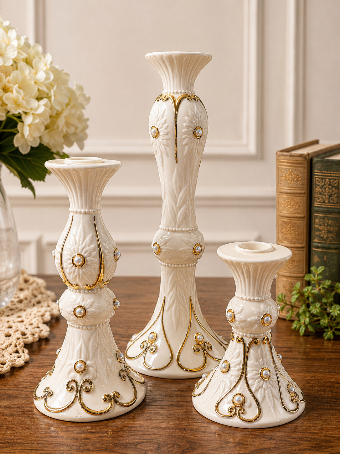 Vintage Lenox Fine Ivory China Candle Holder Trio – Pearl & Gold Porcelain Taper Candlesticks Handcrafted Dated 2004