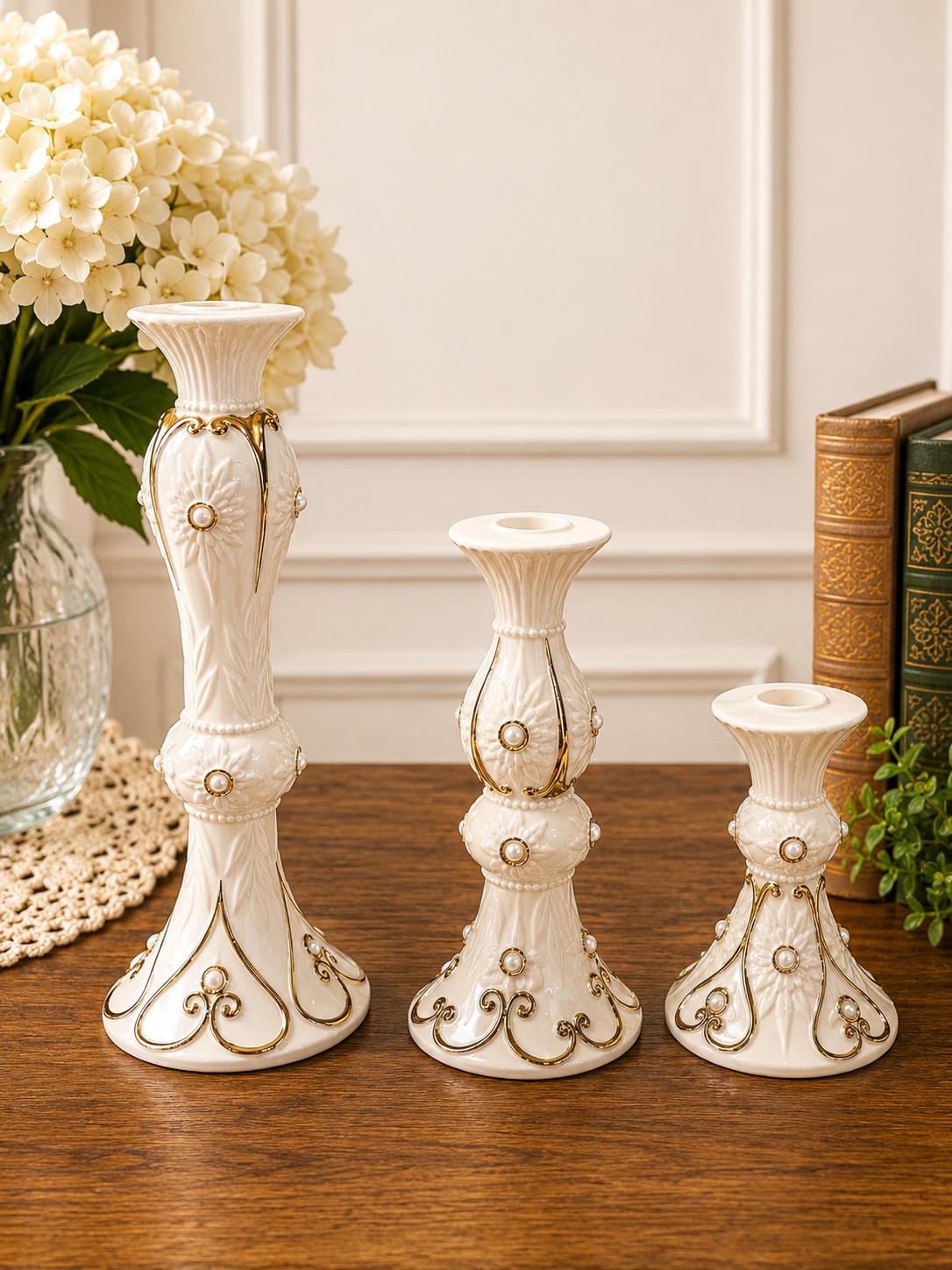 Vintage Lenox Fine Ivory China Candle Holder Trio – Pearl & Gold Porcelain Taper Candlesticks Handcrafted Dated 2004