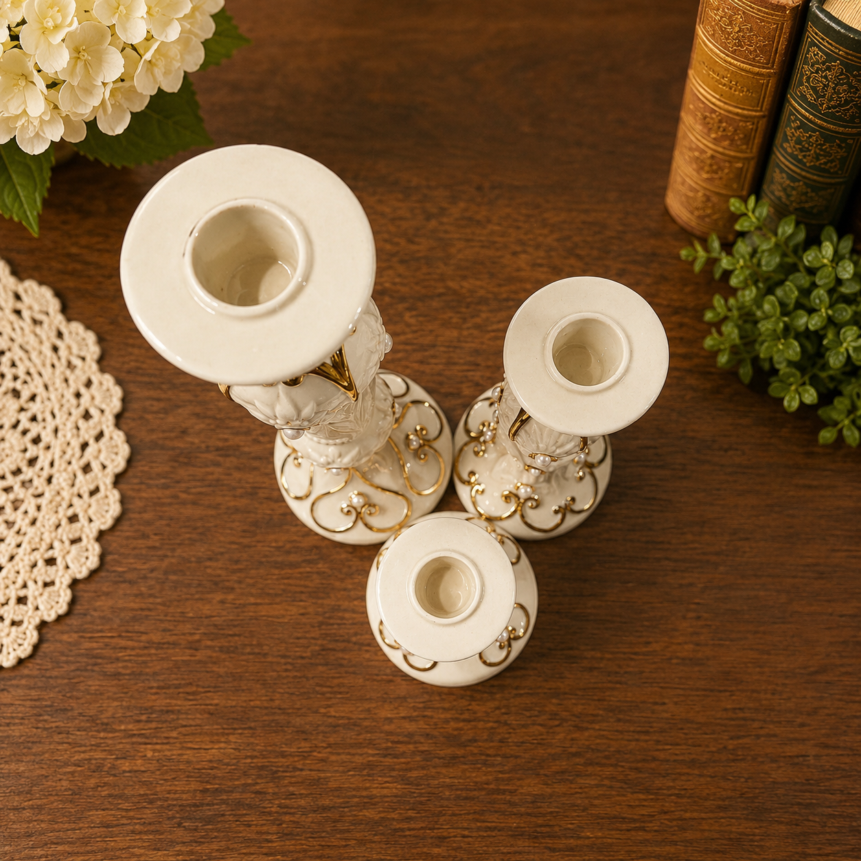 Vintage Lenox Fine Ivory China Candle Holder Trio – Pearl & Gold Porcelain Taper Candlesticks Handcrafted Dated 2004