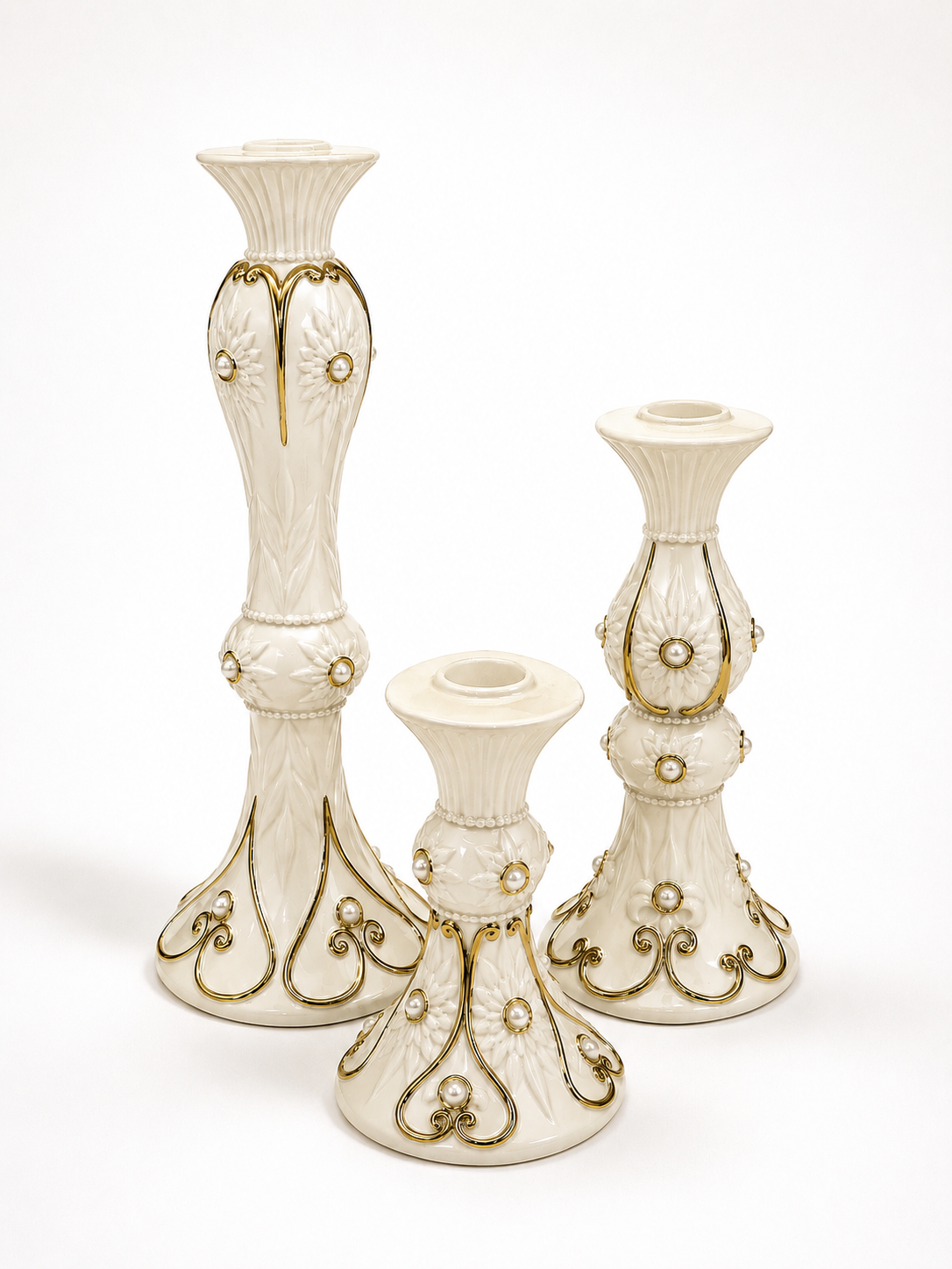 Vintage Lenox Fine Ivory China Candle Holder Trio – Pearl & Gold Porcelain Taper Candlesticks Handcrafted Dated 2004