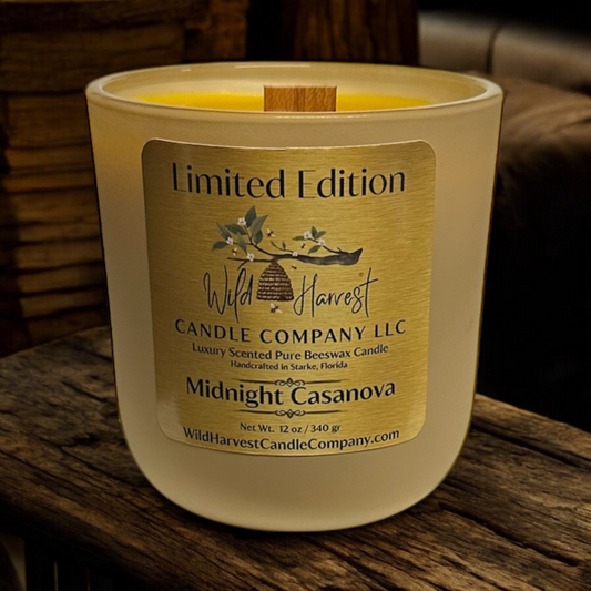 Midnight Casanova - Limited Edition 12 oz Crackling Wood Wick Beeswax Candle in Sand Serafina Vessel