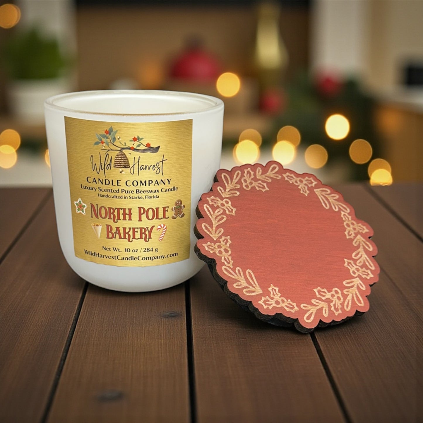 North Pole Bakery Scented Pure Beeswax Christmas Candle – 10 oz Beeswax Holiday Candle | Mrs. Claus’s Kitchen Sugar Cookie, Gingerbread, Chestnut & Peppermint