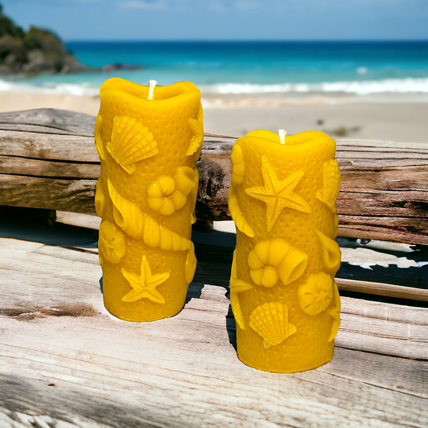 Ocean Shell Conch Starfish Beach Theme - Pure Beeswax Candle - Set of 2
