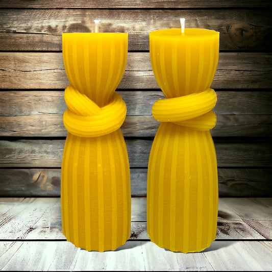Geometric Striped Knot Pillar - Pure Beeswax Candle - Set of 2