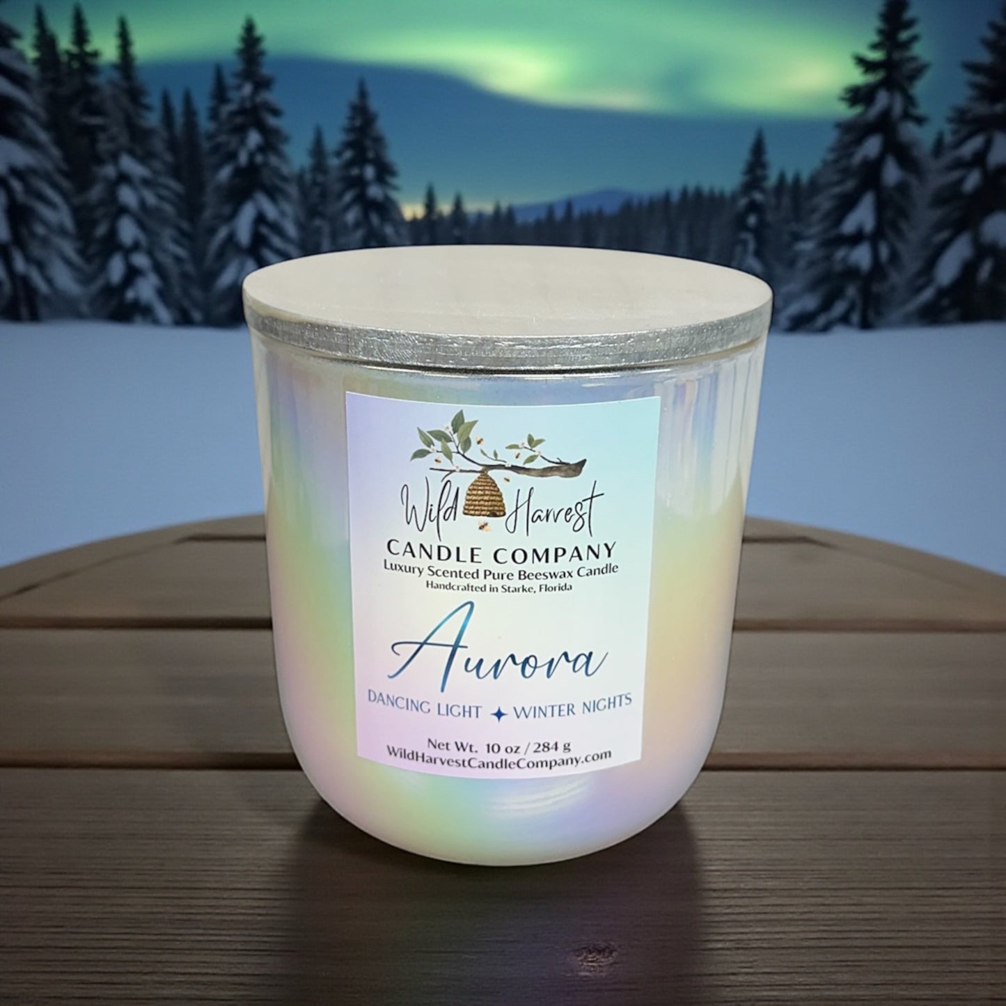 Aurora — 10 oz Double-Wick Luxury Scented Pure Beeswax Candle, Northern Lights Holiday Scent in Opulent White Glass (Limited Edition)